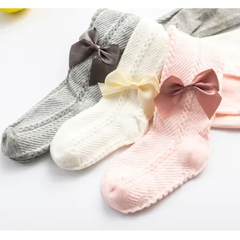 Пролетно-есенни чорапогащи за малки момиченца, красив мрежести чорапогащници с лък за бебета, новородени, малки, стегнати памучни детски чорапи