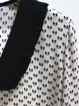 пролетно однобортная риза на точки с ревери контрастная плиссированная шифоновая риза жена топ с френски принтом