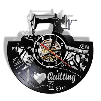 Реколта дизайнерски винил и стенни часовници Шевна машина обичам Квилтинг Стенен арт декор Часовници с Модерен дизайн на Домашен интериор Уникален подарък