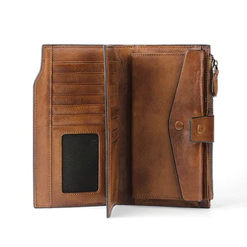 Ретро дълъг портфейл от естествена кожа, дамски луксозен многофункционален клатч с джоб за телефон, портфейл за карти с голям капацитет