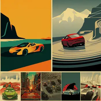 Ретро постер за пътуване в спортен автомобил с принтом пури в ограничени бройки луксозни състезания, графити от крафт-хартия, боядисване стени супер спортен автомобил