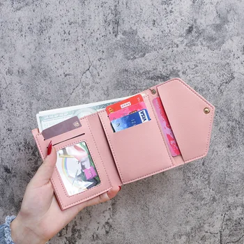 Розово женски мини портфейл с пискюли, държач за карти, Луксозен портфейл за монети
