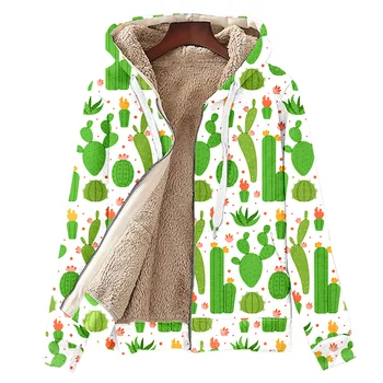 Руното мъжко зимно яке с голям размер с принтом кактус, топлинна ветровка, есенен дамски корейски дрехи, жилетка с дълъг ръкав, палто