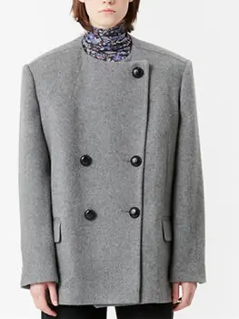 Сива вълнена палта, дамски двубортная връхни облекла в стил ретро, дамски яке с дълъг ръкав 2022, есен-зима