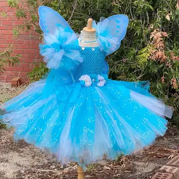Синьо-бяло блестящо рокля-пакетче с цветя модел за момичета, детски рокля фея с крила, комплект за парти в чест на рождения Ден, рокля на принцеса