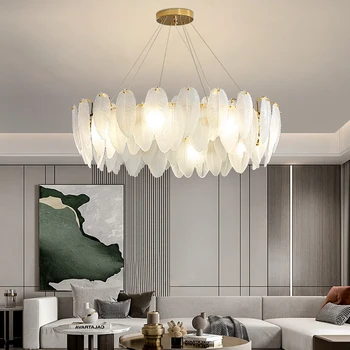 Скандинавски led окачен лампа за дневна, трапезария, кухня, спалня, полилеи от пера, луксозен златист медальон лампа с артистичен интериор