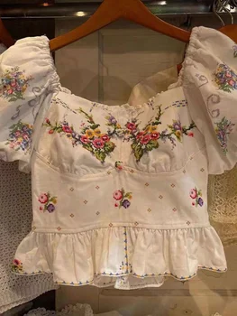 Скъпа блуза с бродерия за жени, летни ризи с квадратна яка и пищни ръкави, 2023 Blusas Mujer De Moda, стилни корея, туника, съкратен топ