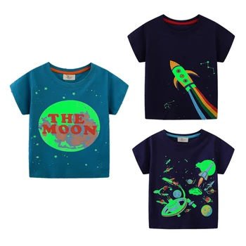 Тениска за Момчета и Момичета, Детски Удобна Тениска С Къс Ръкав, Детски Модни Дрехи С Луната, Детски Ежедневни Памучен Тениска, Летни Потници-Ракета