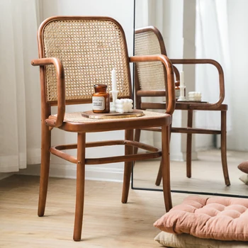 Трапезария стол в скандинавски стил, минималистичные трапезни столове за спалня, маса за хранене, стол за дневна, модерно кресло от ратан от масивно дърво с облегалка