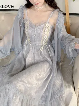 Френското винтажное рокля Midi, дамско дантелено елегантна рокля за парти на принцесата, жената лятото ежедневното корейското сватбена рокля във викториански стил 2022