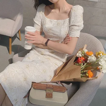 Цельнокроеное рокля, на корейското елегантна рокля миди с къс ръкав, женски дизайнерско винтажное рокля с цветен модел, офис женствена рокля 2021, летен шик