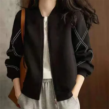 Черни Дамски якета 2023, Модни Свободни пролетни якета с дълги ръкави, ежедневни бейзболна укороченная на горно облекло, дамско палто