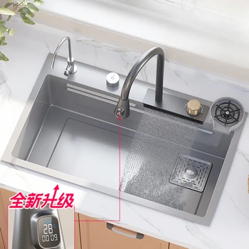Кухненска мивка Feiyu Waterfall Nano 304 от неръждаема стомана, Голяма Мивка за измиване на зеленчуци с един слот, Ръчна Работа, Пистолет за миене на съдове, Сив