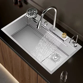 Сребърен кухненска мивка, мивка от неръждаема стомана 304, 3 мм, удебелена голяма мивка, богат на функции мивка за измиване на зеленчуци Nano